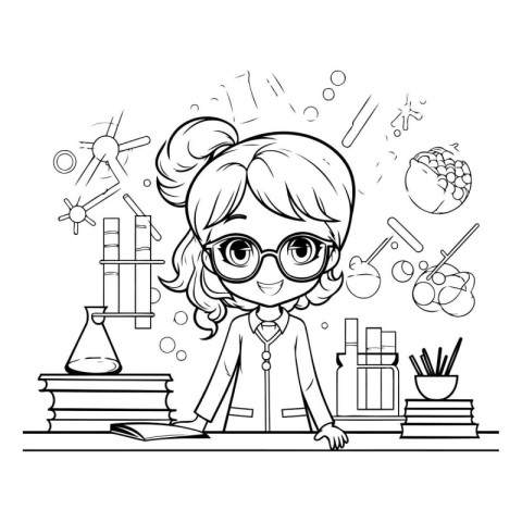 cute little student girl with books and science icons vector ill