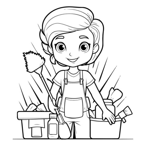 Coloring page of a little girl cleaning the house. Vector illust