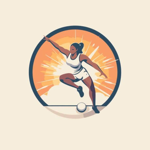 Female soccer player on the field. Vector illustration in retro