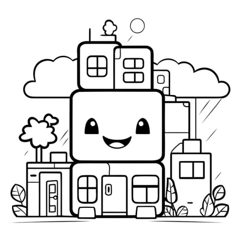 Vector Illustration of a Cute House Character in Black and White