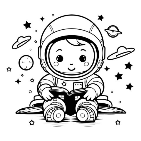 Cute astronaut boy with a book. Vector illustration for your des