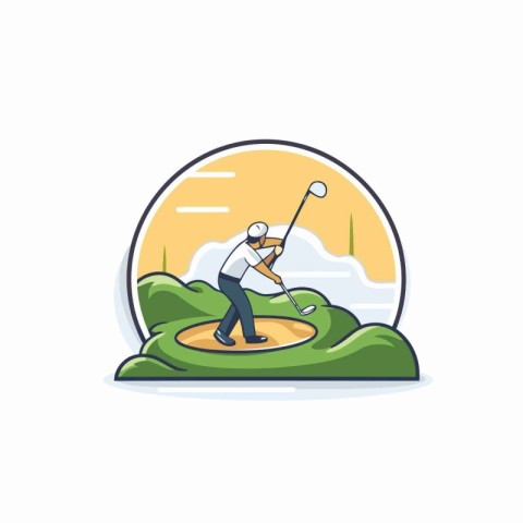 Golf player hitting ball on golf course. Flat style vector illus