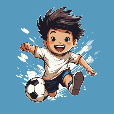 cartoon boy playing soccer with a ball on a blue background vect