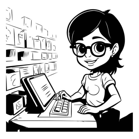 Cute Girl Using a Computer in a Shop - Black and White Cartoon I