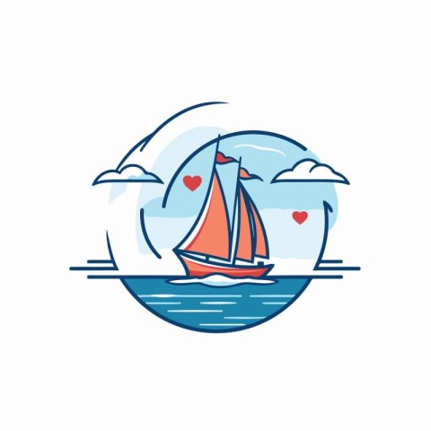 Sailing boat in the sea. Vector illustration in flat linear styl