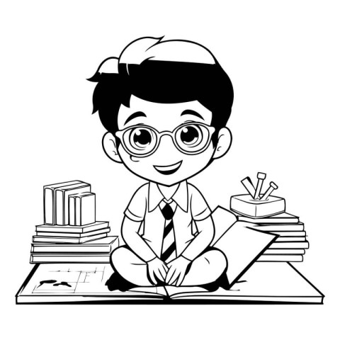 cute little student boy with school supplies cartoon vector illu