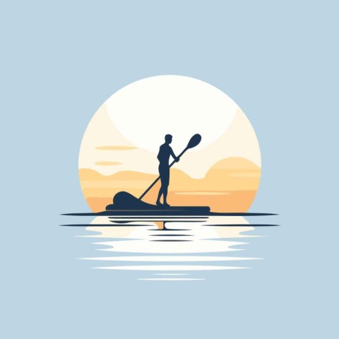 Silhouette of a man paddling a kayak at sunset. Vector illustrat