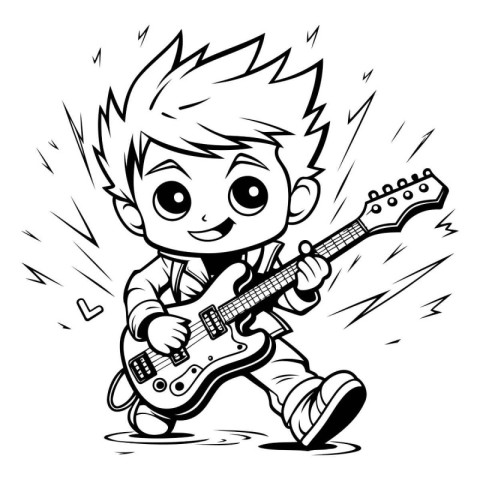 Boy Playing Electric Guitar - Black and White Cartoon Illustrati