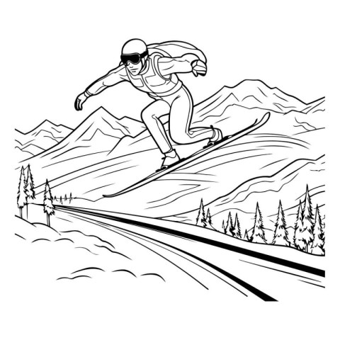 Snowboarder jumping on the mountains. Vector illustration. Black