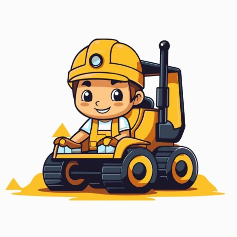 Cute little boy driving a toy excavator. Vector illustration.