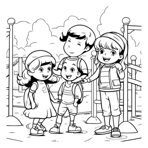 Children on the playground. Black and white vector illustration