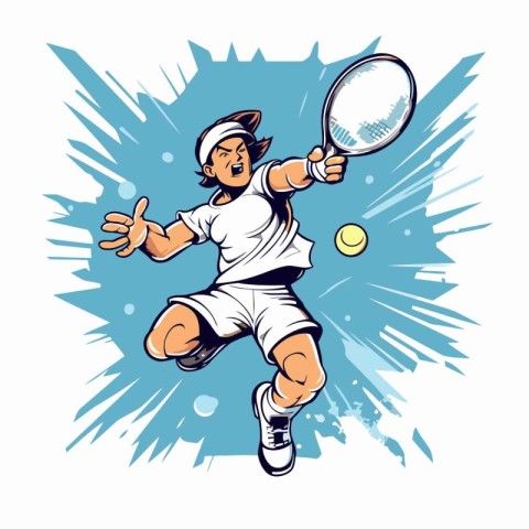 Tennis player with racket and ball. Vector illustration in retro