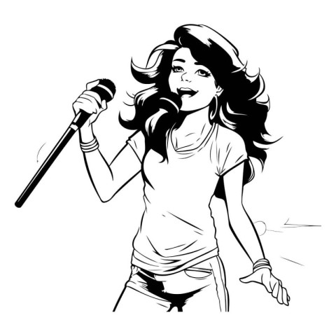 Vector illustration of a girl singing with a microphone in her h