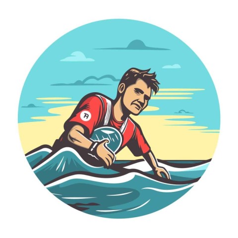 Surfer on the surfboard. Vector illustration in retro style.