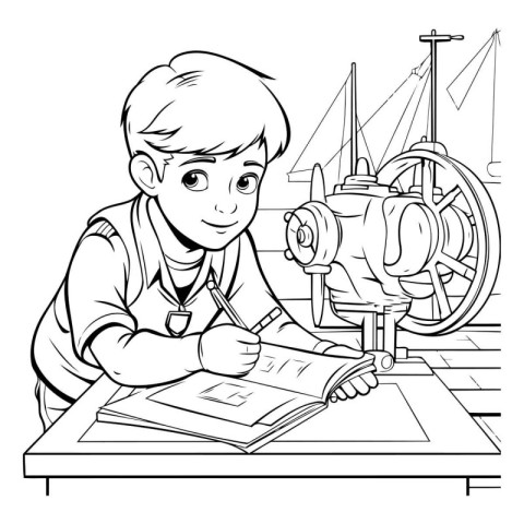 Black and White Cartoon Illustration of a Kid Boy Reading a Book