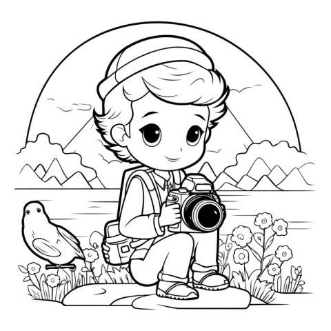 Boy with a camera on the lake. Vector illustration for coloring