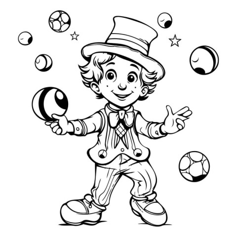 Cartoon circus clown juggling balls. Black and white vector illu