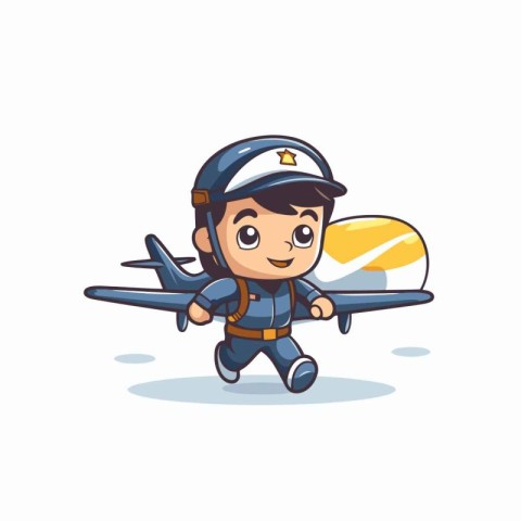 Cute boy flying with airplane. Cartoon character. Vector illustr