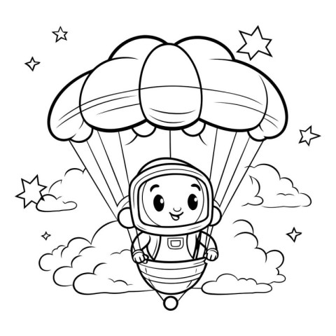 Cute astronaut with parachute cartoon in black and white vector