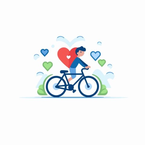 Vector illustration of a man in love riding a bicycle with a hea