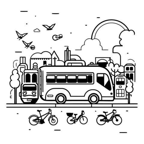 Public transport. Bus. bike. bus. train. tram. tram. plane. sun.