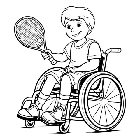 Illustration of a boy in a wheelchair playing tennis on a white