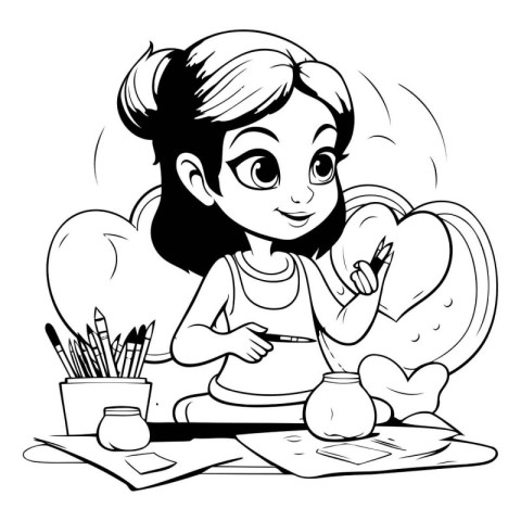 Cute little girl painting with pencils. Black and white vector i