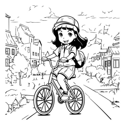 Girl riding a bicycle in the city. Black and white vector illust