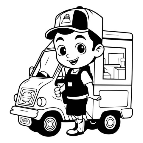 Black and White Cartoon Illustration of a Delivery Boy with a Tr