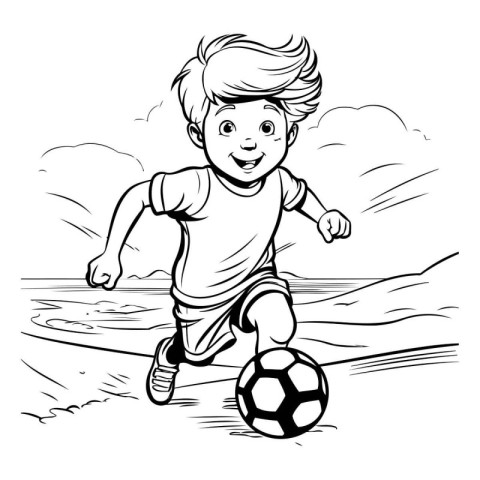 Boy playing soccer. black and white vector illustration for colo