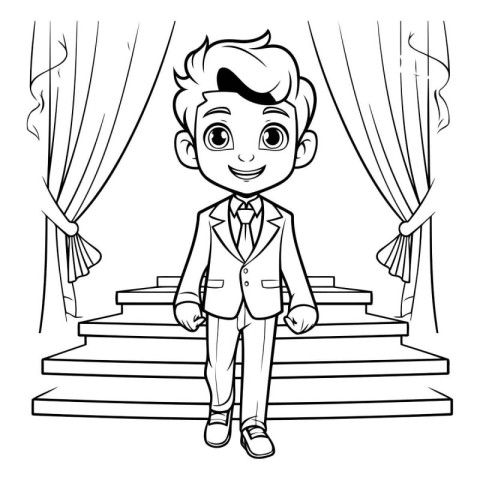 Cute boy in suit on stage with curtains. Vector illustration.