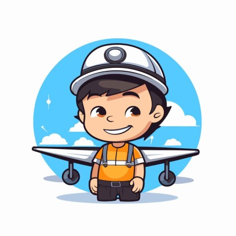 Cute boy pilot with airplane over white background. Vector illus