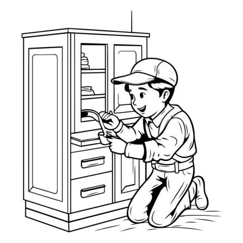 Vector cartoon illustration of a man with a wrench repairing an