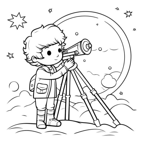 Boy looking through telescope. Black and white vector illustrati