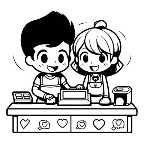 Boy and girl playing on the cash register. Black and white vecto