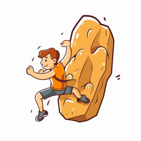 Climber man climbs on the rock. Cartoon vector illustration.