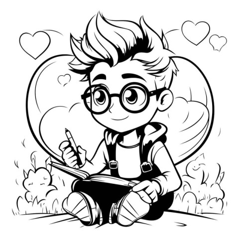 Black and White Cartoon Illustration of a Boy Reading a Book wit