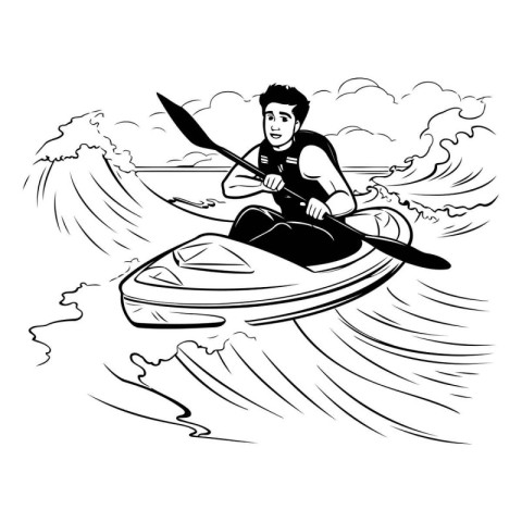 Man in a kayak on the water. Black and white illustration.