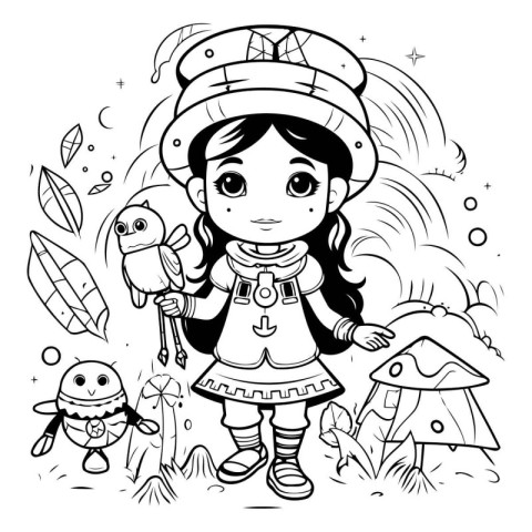 Black and White Cartoon Illustration of Cute Little Pirate Girl