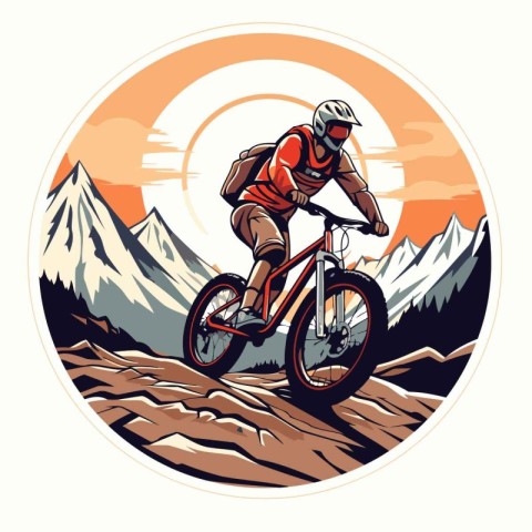 Mountain biker riding on the road in the mountains. Vector illus