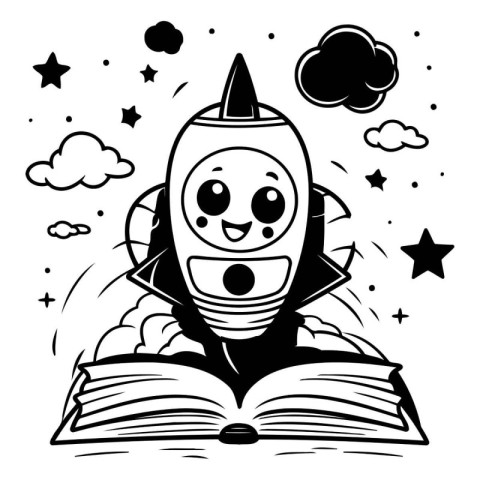 Black and White Cartoon Illustration of a Rocket Reading a Book