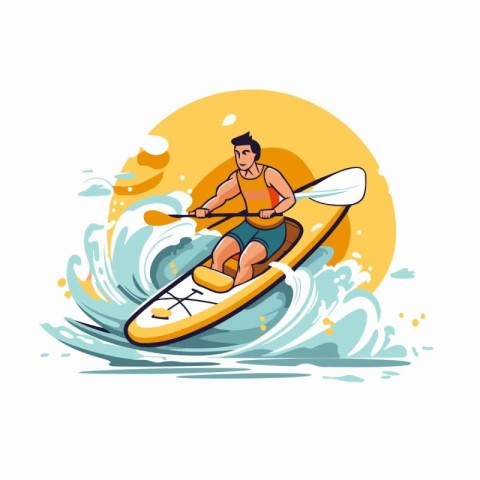 Young man in a kayak on the waves. Vector illustration.