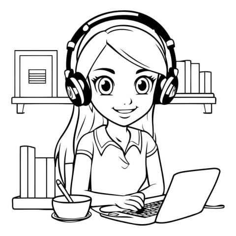 Teenager girl with laptop and headphone design. Girl female pers