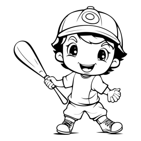 Black and White Cartoon Illustration of Little Boy Baseball Play