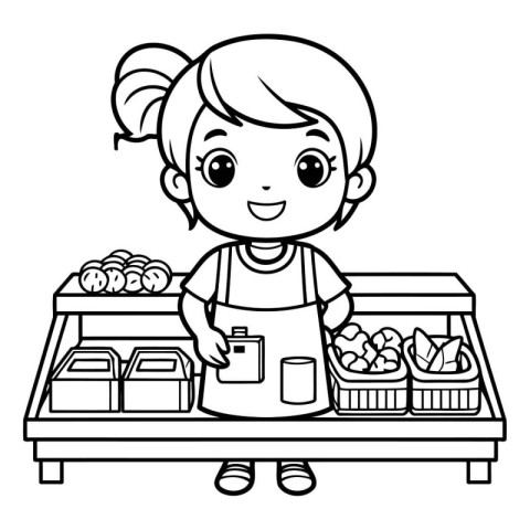 Black and White Cartoon Illustration of Cute Little Girl Buying