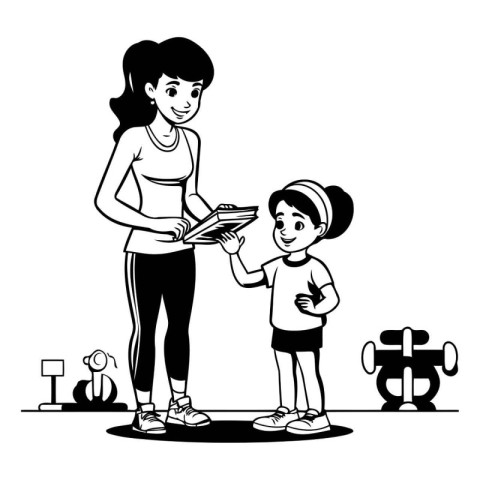 fitness mother with son doing exercise in the gym vector illustr