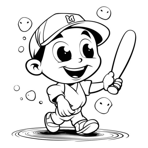 Black and White Cartoon Illustration of Kid Playing Baseball Col