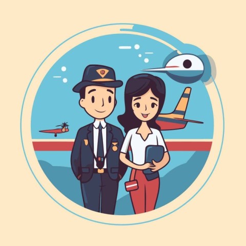 Vector illustration of a man and woman on the background of airp