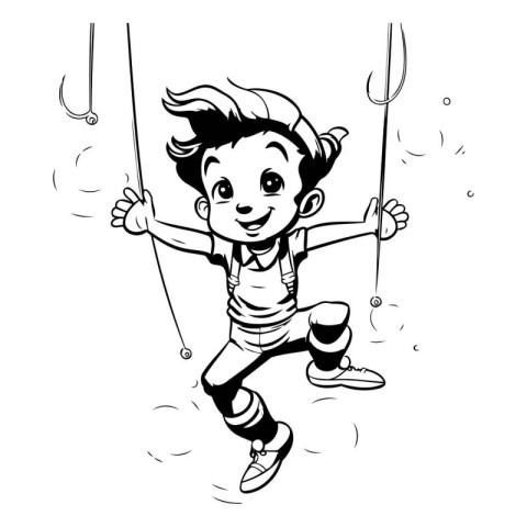 Boy swinging on a swing with fishing rod. black and white vector