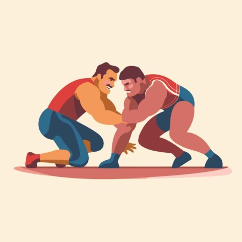 Two men wrestling. Vector illustration in flat style on light ba